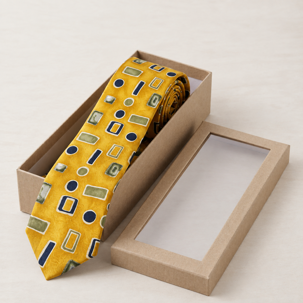 Vintage Yellow 100% Silk Gold Geometric Pattern Novelty Designer Necktie