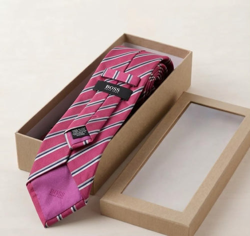 BOSS Hugo Boss Pink Striped Italian Silk Necktie 100% Silk Made in Italy