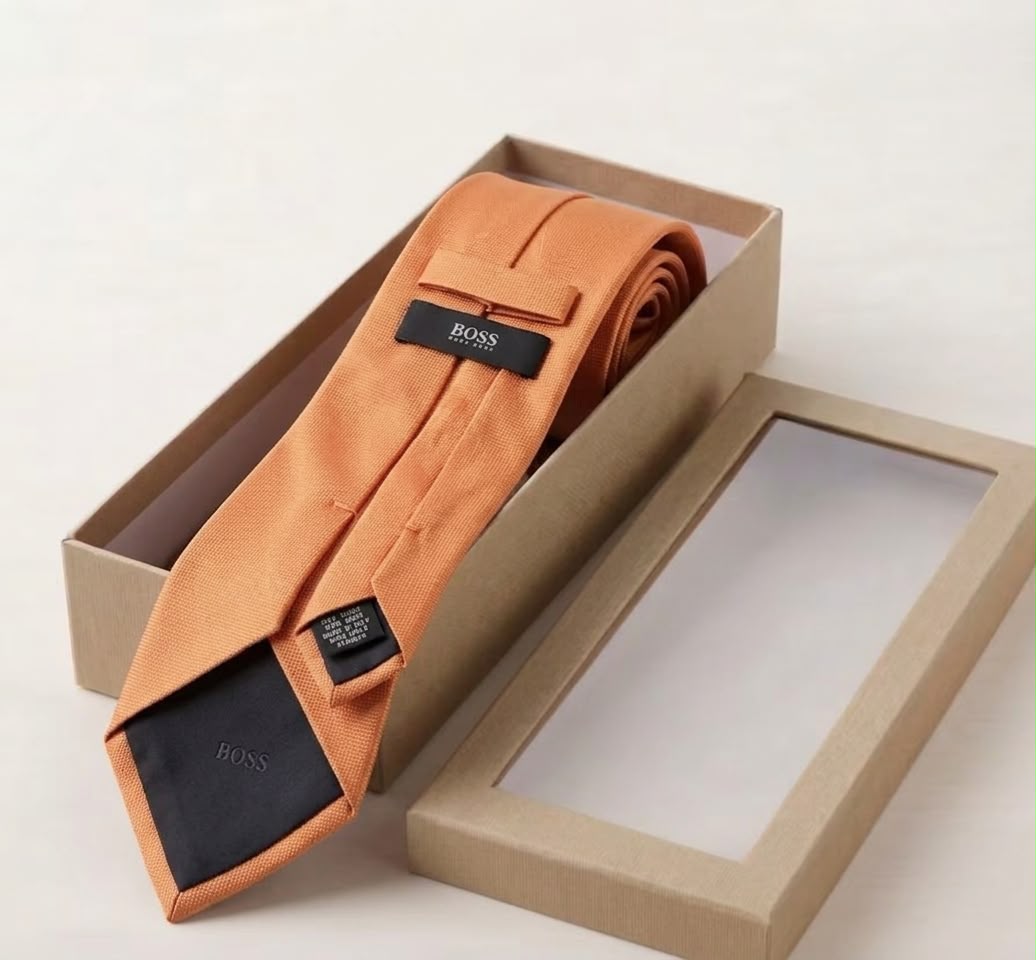 BOSS Hugo Boss Solid Orange Italian Silk Necktie 100% Silk Made in Italy